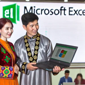 DALL·E 2024-09-07 09.54.13 - A Kazakh man and woman standing together holding a laptop, with the Microsoft Excel logo visible in the background. The man and woman are dressed in t