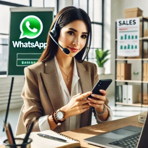 DALL·E 2024-09-17 21.21.29 - A Kazakh woman wearing a headset, sitting at a desk in a modern office, holding a smartphone and answering messages on WhatsApp. She is dressed in bus